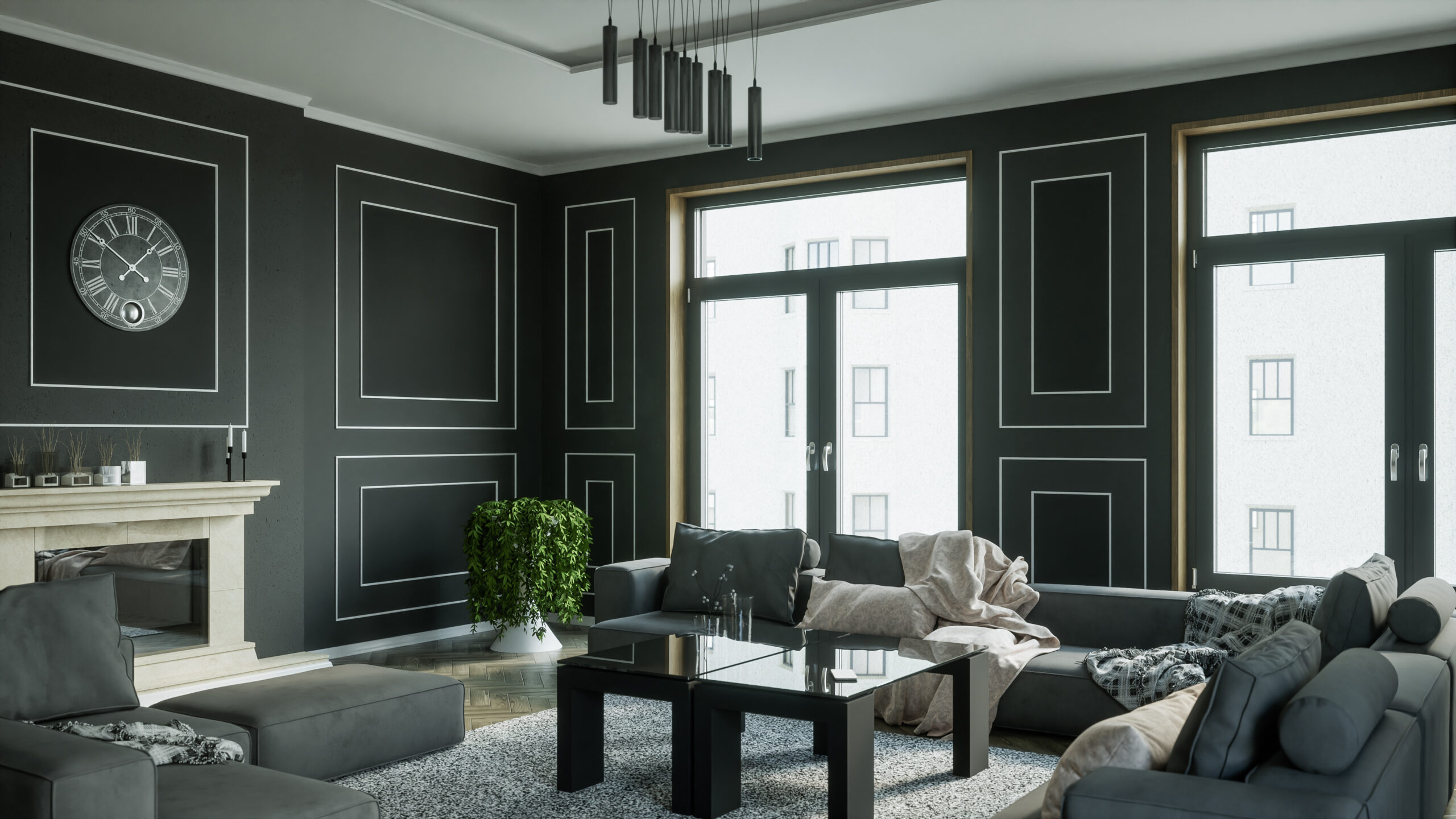Okna MB79N -Salon z kominkiem