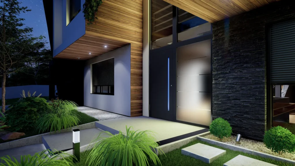 Moderne Aluminium-Eingangstür Aluprof MB-86 in Anthrazit mit LED-Lichtleiste und Glaselementen bei Nacht