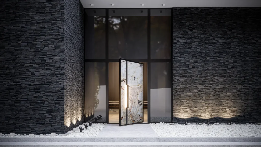 Eine Wunderschöne Aluminium Pivot Eingangstür mit Glaselementen 