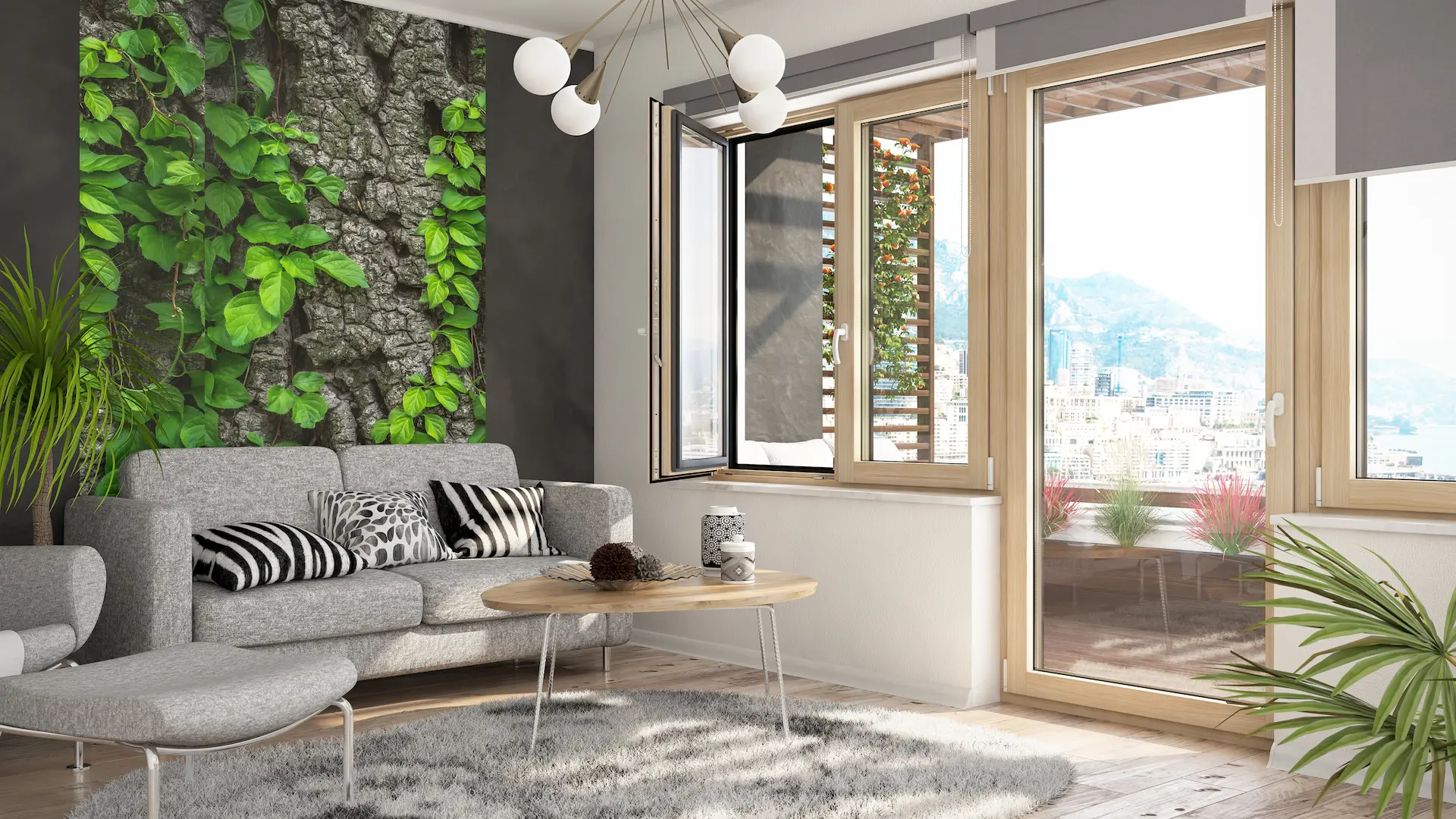 Geöffnetes Holzfenster Duoline aus hellem Holz mit Balkontür und Stadtblick im Wohnzimmer