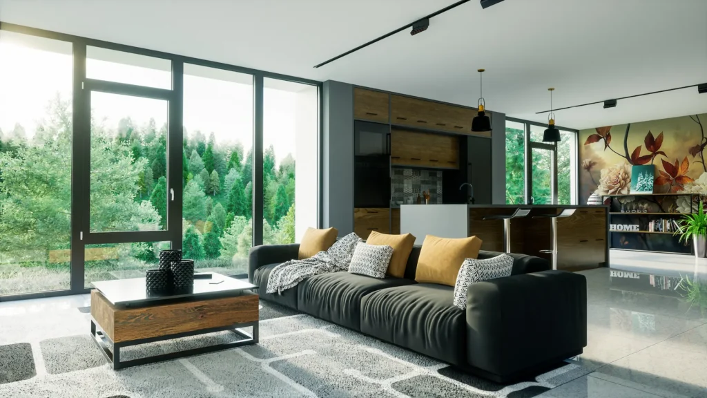 Bodentiefe Aluminiumfenster Aluprof MB-86 in Anthrazit in einem modernen Wohnzimmer mit Waldblick