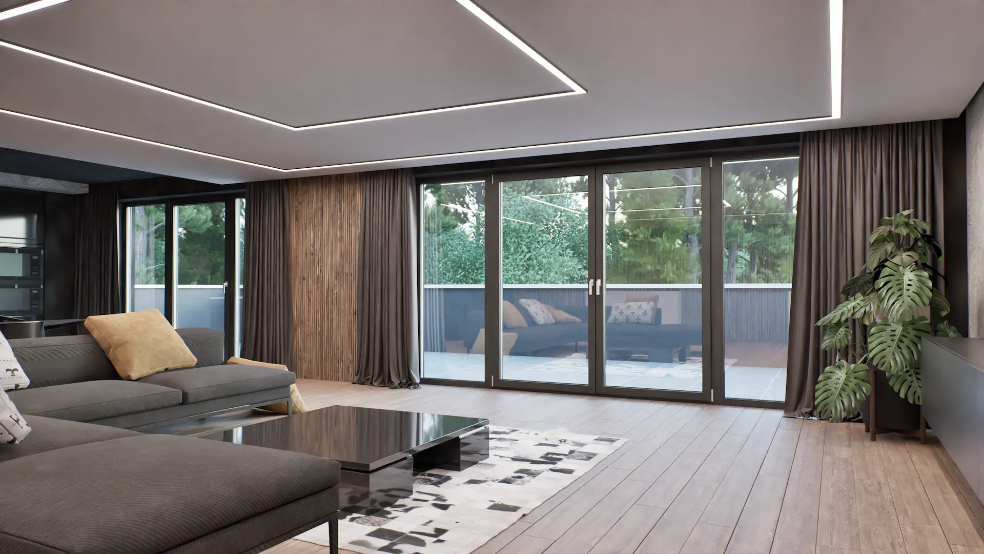 Großflächige Kunststofffenster Drutex Iglo Edge in Anthrazit mit Terrassentür im hellen Wohnraum
