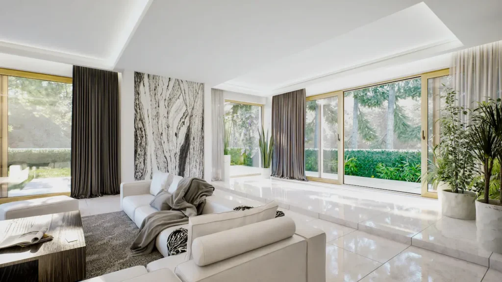 Iglo Slide Edge Hebeschiebetür aus Kunststoff mit Holzdekor im hellen Wohnzimmer mit Gartenblick