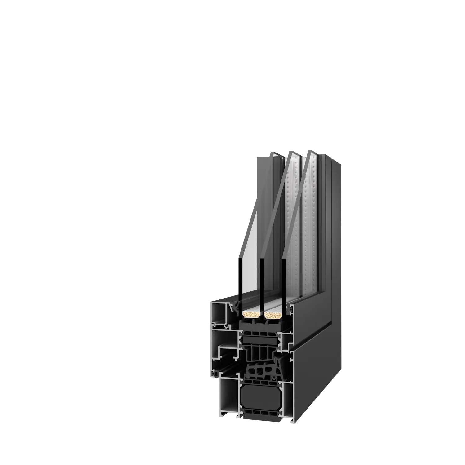 Profilschnitt des Aluminiumfensters Aluprof MB-86N SI in Anthrazit mit Dreifachverglasung und thermischer Trennung