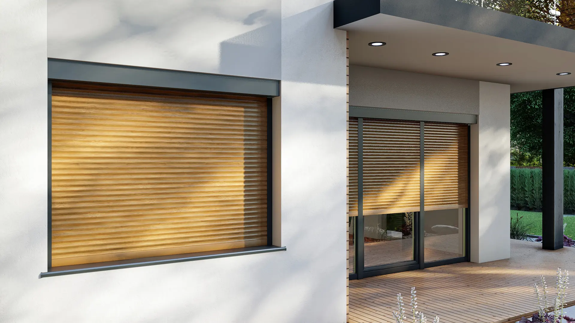 Vorbaurollläden in Holzoptik Winchester an einer modernen Hausfassade mit Terrasse