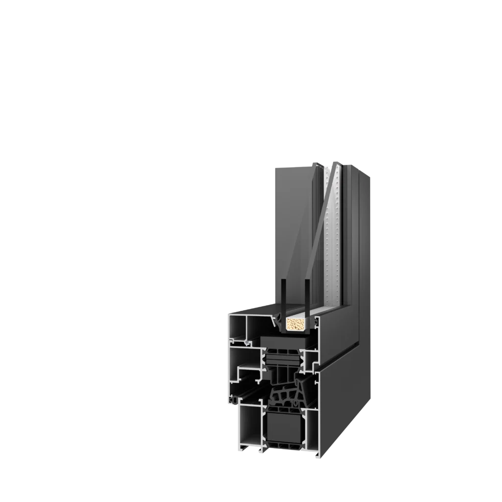 Profilschnitt des Aluminiumfensters Aluprof MB-79N in Anthrazit mit Verglasung und Dämmkern