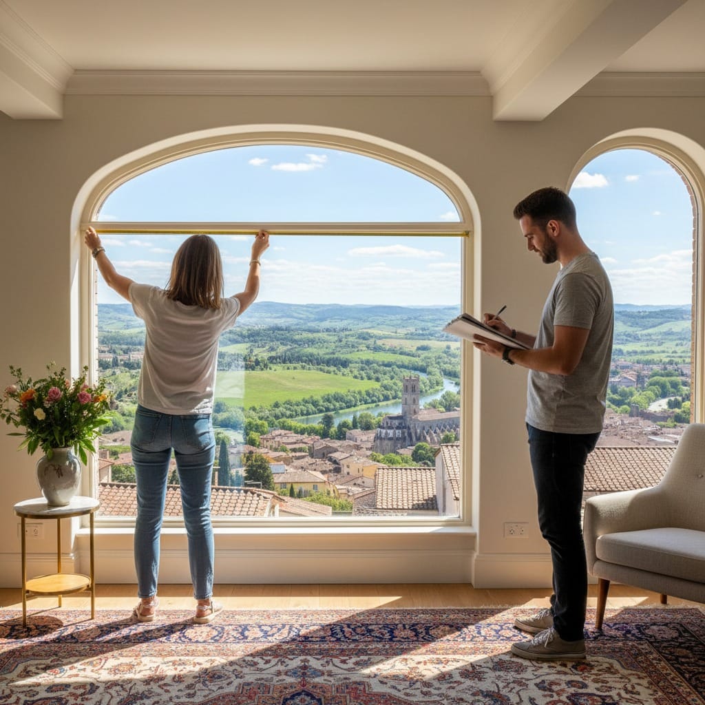 Zwei NRG-Mitarbeiter beim Aufmaß eines Fensters – einer misst, der andere notiert die Maße